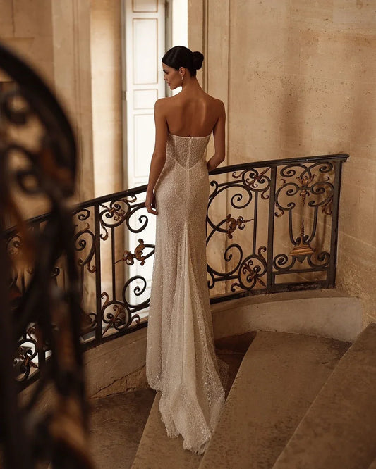 Customized Simple Strapless Mermaid Wedding Dress Shiny Sequin Beading Satin Detachable Train Pleat Bridal Gown Vestido De Novia