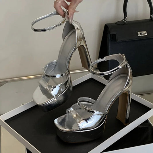 Liyke Summer Fashion Zip Cover Strap Women Platform Sandals Cozy Patent Leather Chunky High Heels For Woman Party Dress Shoes