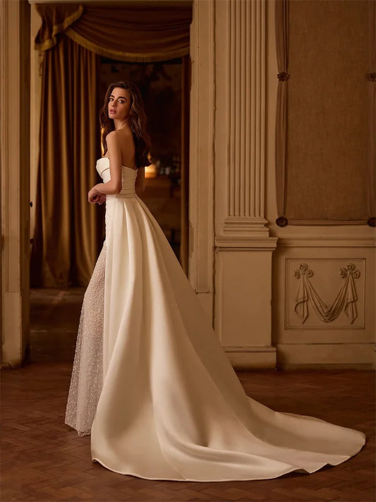 Customized Strapless Sheath Wedding Dress with Sweetheart Neckline Satin Fabric Lace-up Back Floor Length Sweep Train for Bride