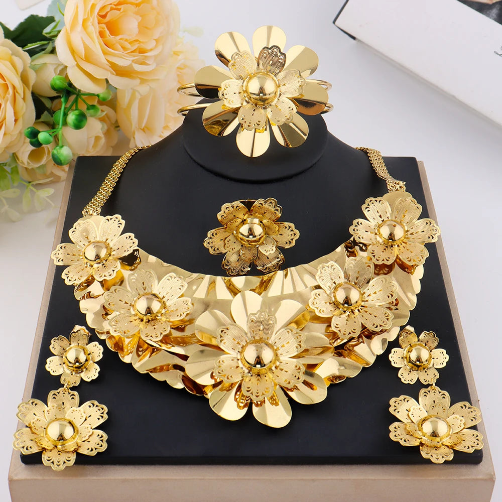 Indian Dubai Luxury 24k Gold Plated Earrings Necklace Ring Bangle Jewelry Set For Women America Bridal Set Wedding Party Gifts