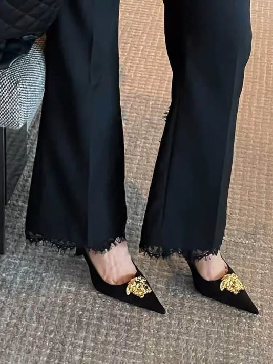 2025 Summer New Black Metal Decorative Women's Shoes with Thin Heels and Sharp Points, Non tiring High Heels