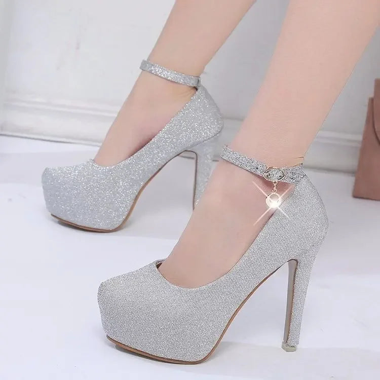 Spring Autumn New Style Waterproof Platform High Heels Thin Heel Silver Large Size Ultra High Heel Single Shoes for Women Show A