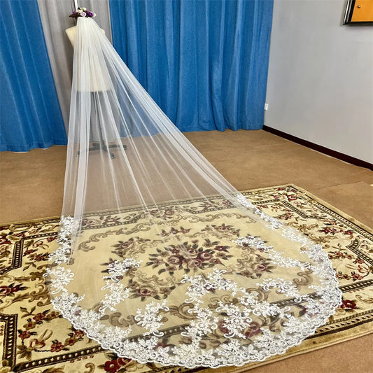 Real Photos Long Lace Appliques Wedding Veil White Ivory Cathedral 1 Layer Bridal Veil  Bride Veil Wedding Accessories