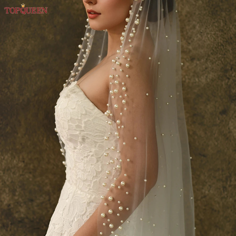 TOPQUEEN V66 Luxury Cathedral Pearl Wedding Veil No Comb Single Layer White Creamy 3m Bridal Veil  Customizable