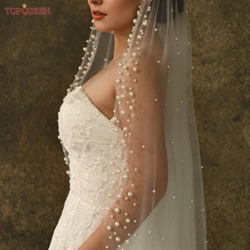 TOPQUEEN V66 Luxury Cathedral Pearl Wedding Veil No Comb Single Layer White Creamy 3m Bridal Veil  Customizable
