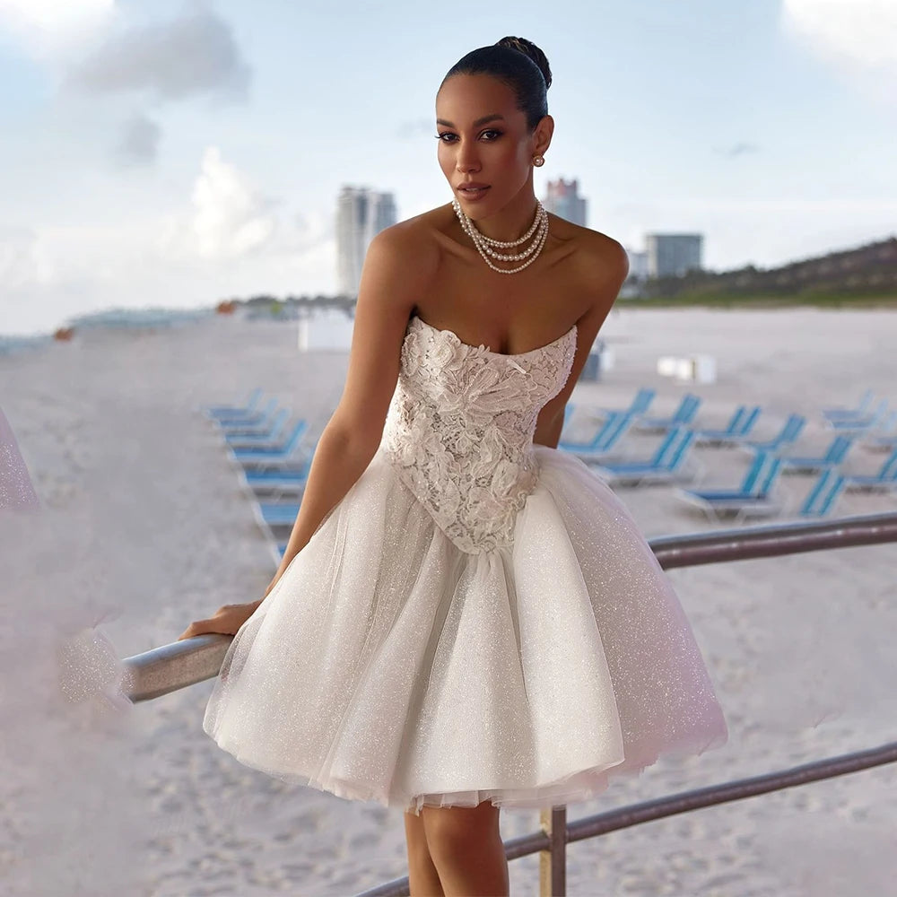 Affordable Short Bridal Dress - Shiny Tulle Skirt with Lace Applique, Ruffled Hem - Perfect for Casual Weddings