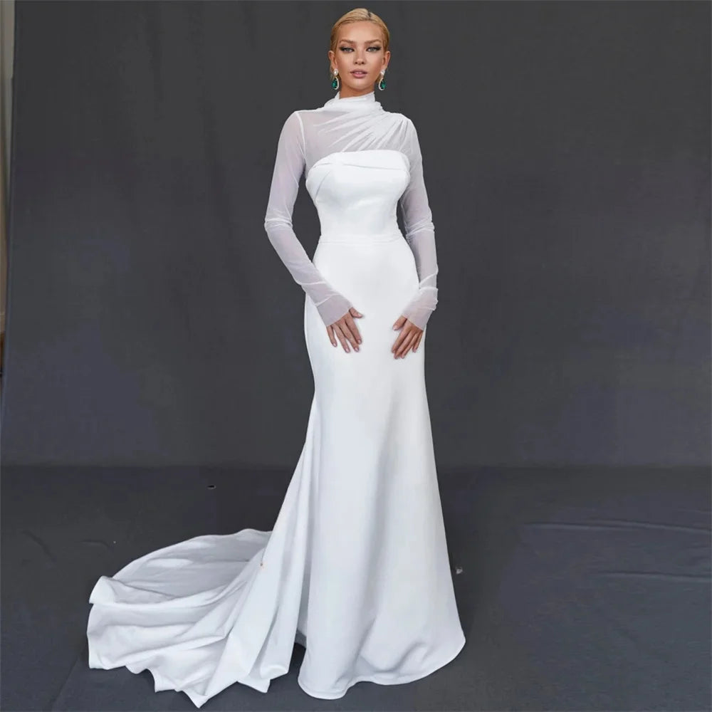 2025 Women Wedding Dresses High Neck Long Sleeves Pleats Crepe Mermaid Wedding Dress For Women Illusion Zipper Back