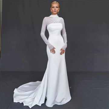 2025 Women Wedding Dresses High Neck Long Sleeves Pleats Crepe Mermaid Wedding Dress For Women Illusion Zipper Back