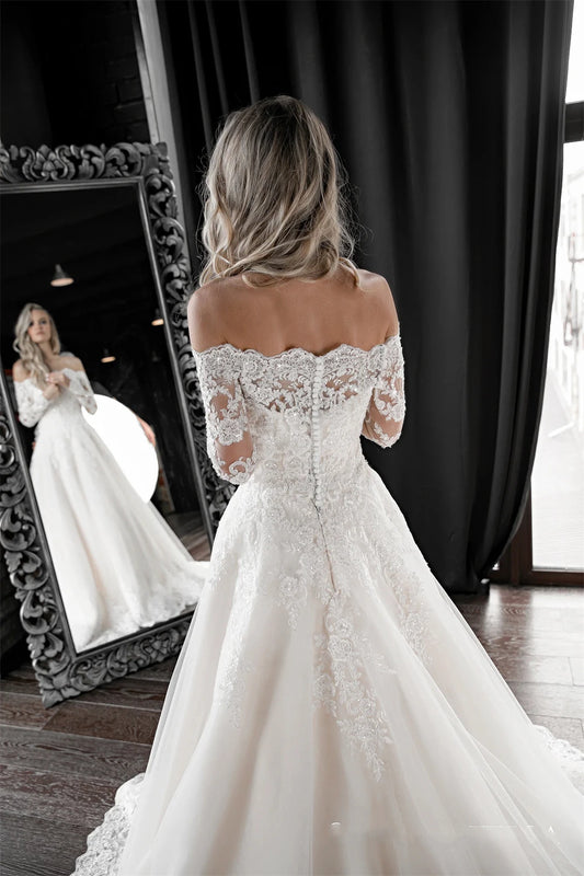 Vintage Off The Shoulder  Long Sleeves Lace Applique  A Line Wedding Dresses Sweep Train 2025 Vestido De Noival