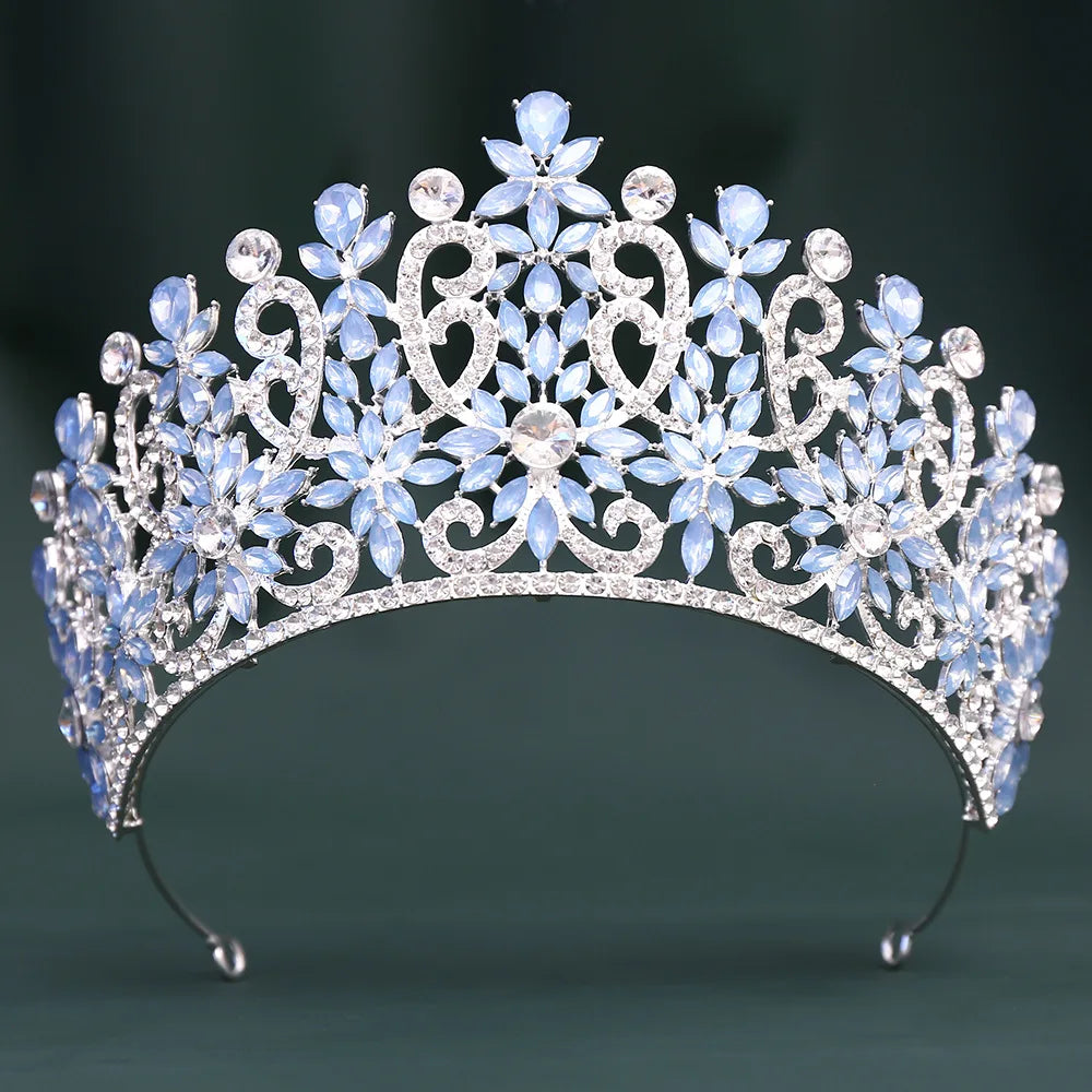 Blue Pink Opal Crystal Royal Queen Wedding Crown Rhinestone Bridal Diadem Pageant Headdress Party Tiaras Hair Dress Accessories