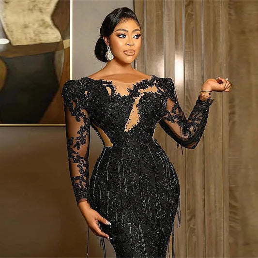 Customized Mermaid Sexy Black Evening Dresses Jewel Neck Lace Appliques Crystal Beaded Party Dress Long Sleeves Prom Gowns