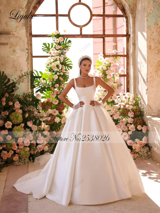 Liyuke Custom Made Elegant Satin A-Line Wedding Dresses Spaghetti Straps Sleeveless Floor-Length Bride Gowns