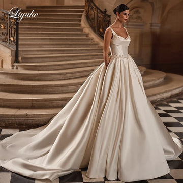 Liyuke Customize Made Luxury Satin Ball Gown Wedding dresses Spaghetti Straps Beading Pearls Elegant Bridal Gowns