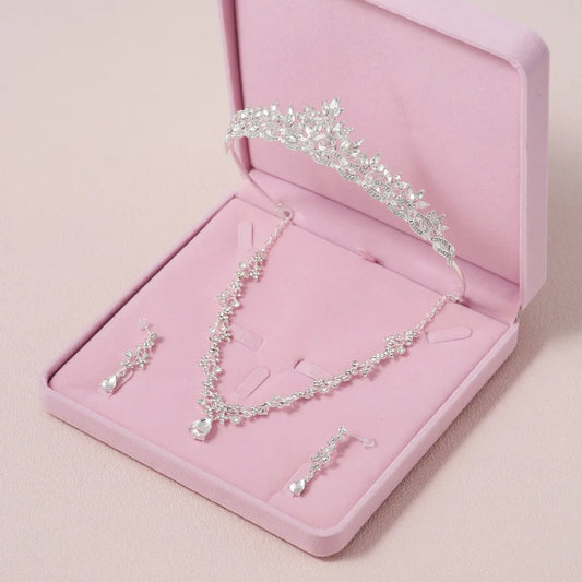 Itacazzo Bridal Headwear Set of Four Crown&Necklace&Earrings Silver-Colour Women's Classic Wedding Tiaras (Excluding Box)