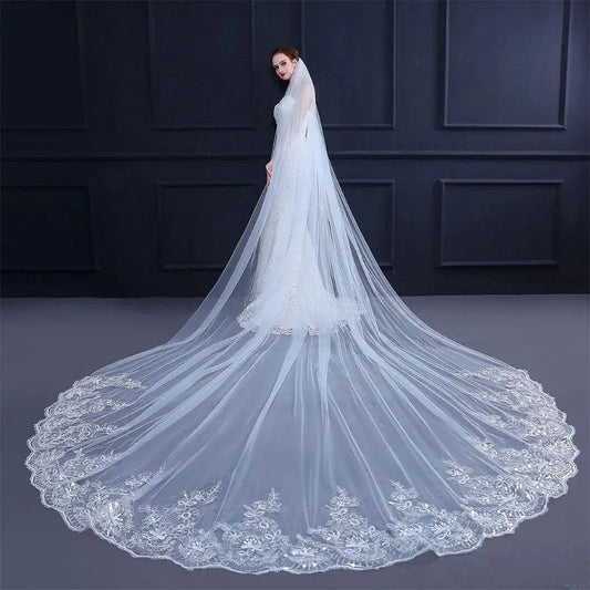 4M One-Layer Women Trailing Cathedral Long Wedding Veil Embroidered Floral Lace