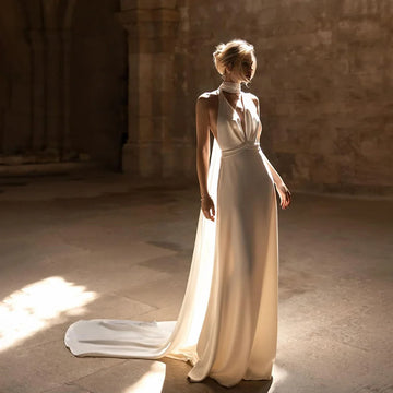 Halter Satin Sleeveless Deep V-neck Wedding Dress Sexy Mermaid Backless Wedding Gown with Court for Bridal vestidos de novia