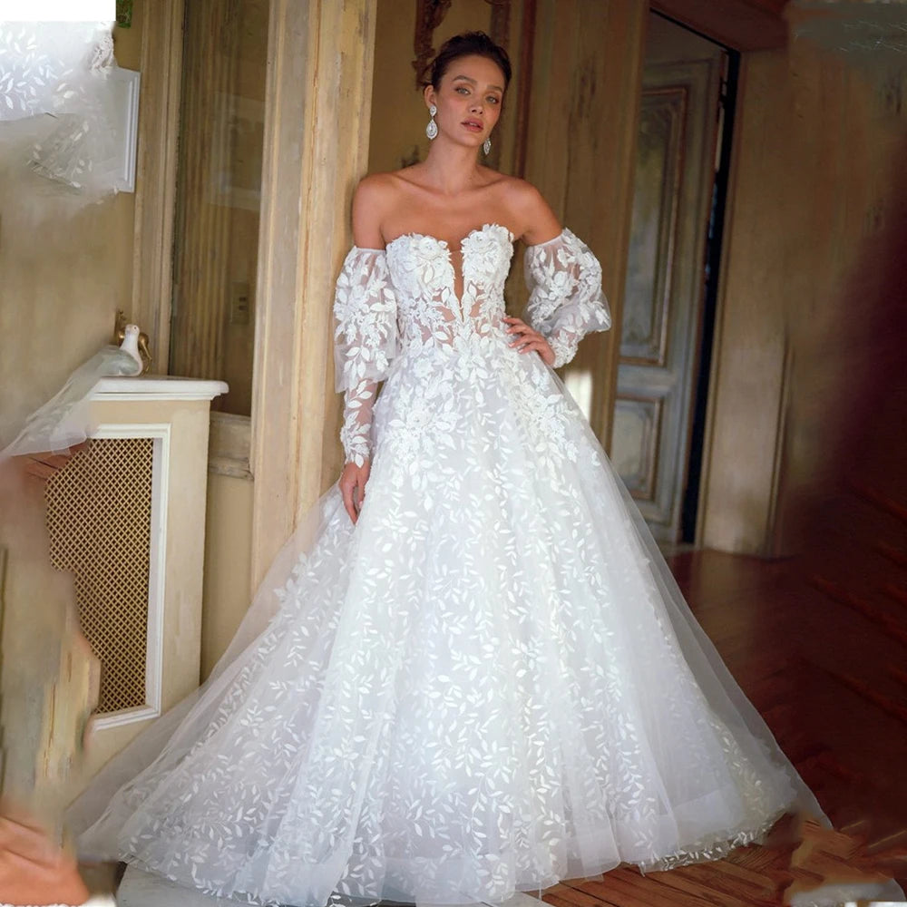 Detachable Long Sleeves V-ncek Full Lace Applique Brial Grown A Line Wedding Dresses Custom Made Bridal Grown 2025 Vestido De No