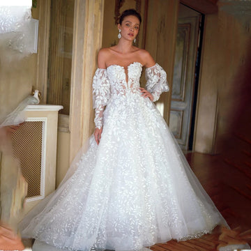 Detachable Long Sleeves V-ncek Full Lace Applique Brial Grown A Line Wedding Dresses Custom Made Bridal Grown 2025 Vestido De No