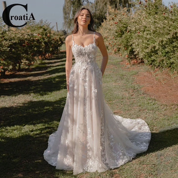 Croatia Fashionable Spaghetti Straps Wedding Gowns for Women A Line Appliques Tulle A Line Button Court Train Customized