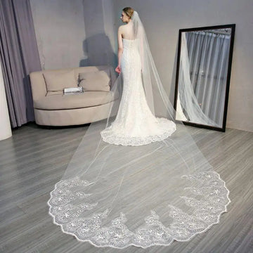 4M One-Layer Women Trailing Cathedral Long Wedding Veil Embroidered Floral Lace