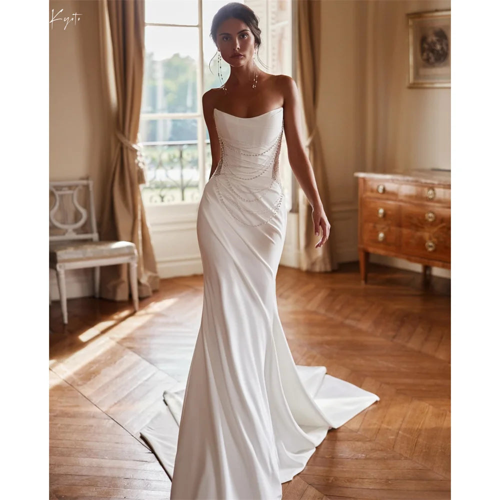 Kyoto Customized White Strapless Beads Wedding Dress Mermaid Chapel Train vestidos de novia Zip Back Sleeveless Evening Dresses