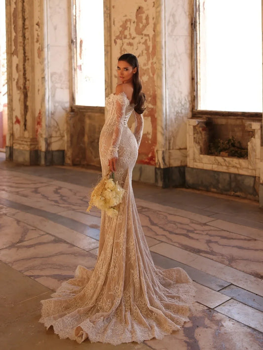 Customized  Shiny Pearls Lace Mermaid Wedding Dress V-neck Off Shoulder Bridal Gown Dreamy Mermaid Dresses For Bride