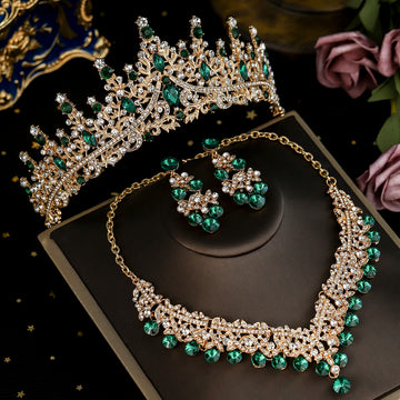 Luxury Crystal Crown Necklace & Earrings Set 4PK Bridal Wedding Jewelry Accessories Baroque Rhinestone Tiara Party Headpiece