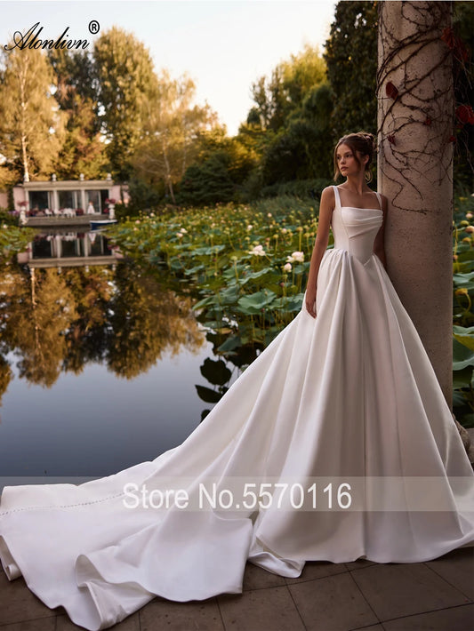 Alonlivn Custom Made Gorgeous Satin Spaghetti Straps Ball Gown Wedding Dresses With Delicated Pleats For Princess Bridal Gowns