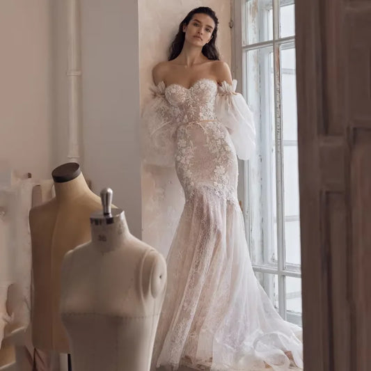 Romantic Mermaid Customized Applique Backless Wedding Dresses Sweetheart Off Shoulder Bride Dress For Women Vestido De Noiva