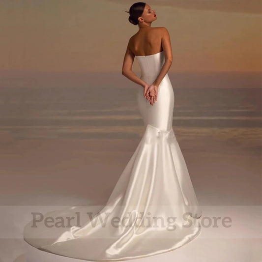 Classic Mermaid Wedding Dress Strapless V-Neck Sleeveless Satin Bride Gown Pleat Civil Marriage Dresses Princess Bridal Robe