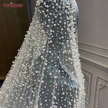TOPQUEEN V139 Luxurious Wedding Veil with Pearls 5 Meter Long Bridal Veils Delicate Beaded Cathedral Length Veil Customizable