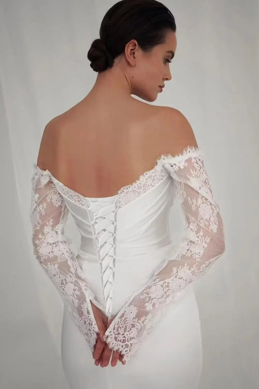 Off-Shoulder Lace Sleeve Satin Wedding Dress – Elegant Fitted Bridal Gown with Sweetheart Neckline | Maison Bridal