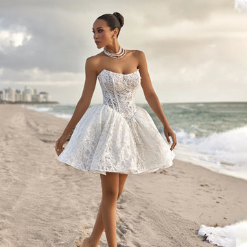 Affordable Short Lace Wedding Dress - Scoop Neck, Full Lace Design, Ruffled Hem - Perfect for Casual Weddings