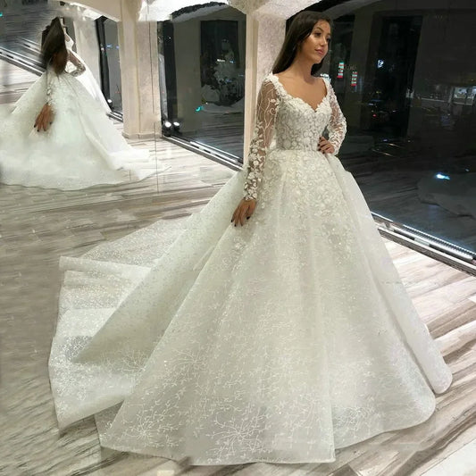 Flavinke Customized Luxury Lace Wedding Dresses 2025 Long Sleeves robe de mariage Beaded Appliqued Ball Gown Bridal Dresse