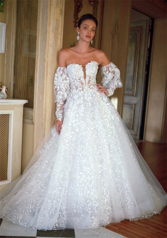 Detachable Long Sleeves V-ncek Full Lace Applique Brial Grown A Line Wedding Dresses Custom Made Bridal Grown 2025 Vestido De No