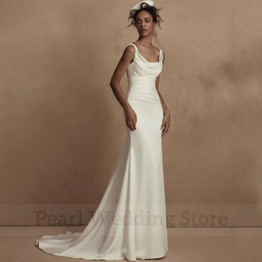 Simple Stain Sheath Floor Length Wedding Dress Scoop Neck Sleeveless Open Back with Pleat Vintage Mermaid Civil Bridal Gowns
