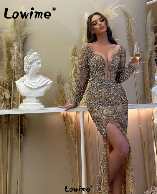 Exquisite Beaded Crystals Evening Dresses For Women Sexy Split Side Mermaid Off The Shoulder Long Sleeves Party Prom Gowns 2024