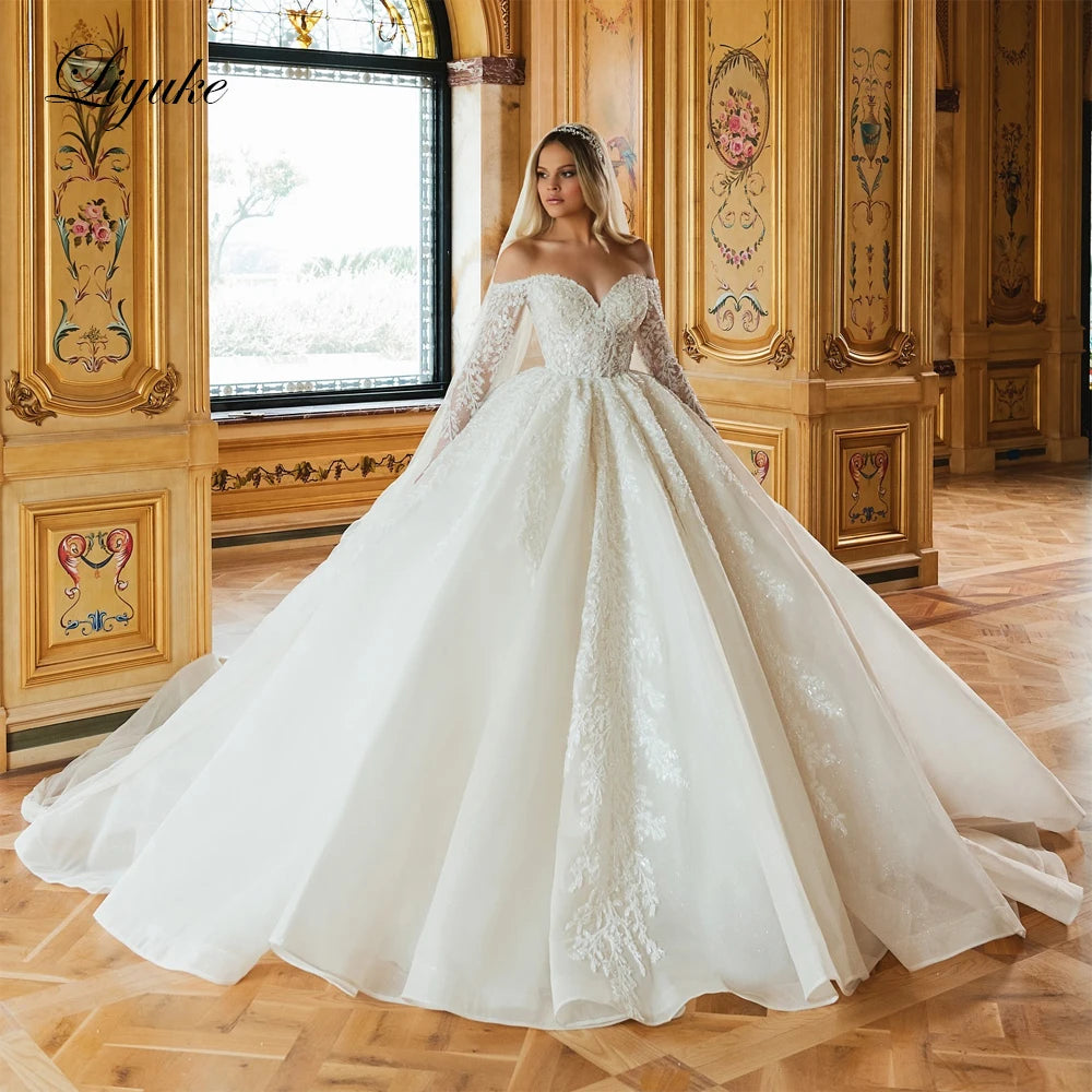 Liyuke Beauty Beading Pearls Ball Gown Princess Wedding dress Off Shoulder Full Sleeves Sparking Lace Court Train Bridal Gowns