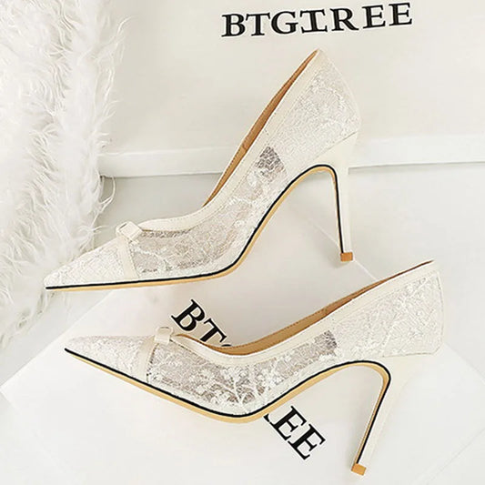 BIGTREE Spring Mesh CRYSTAL Butterfly knot Pumps Womens Pointed Toe Thin Heels Elegant Wedding Party Stripper Shoes