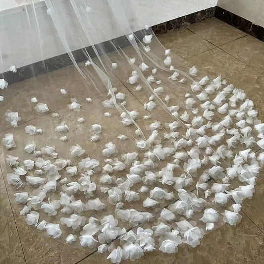 Ivory Bridal Veil Long Cathedral Wedding Veil 3D Flowers Floral Lace Petals Veil for Bride with Comb Velos De Novia