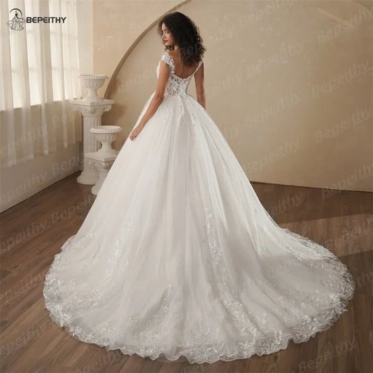 BEPEITHY Customized V Neck Cap Sleeves Princess Wedding Dresses For Women 2025 Spring Lace Boho Bridal Gown Vestidos De Novias