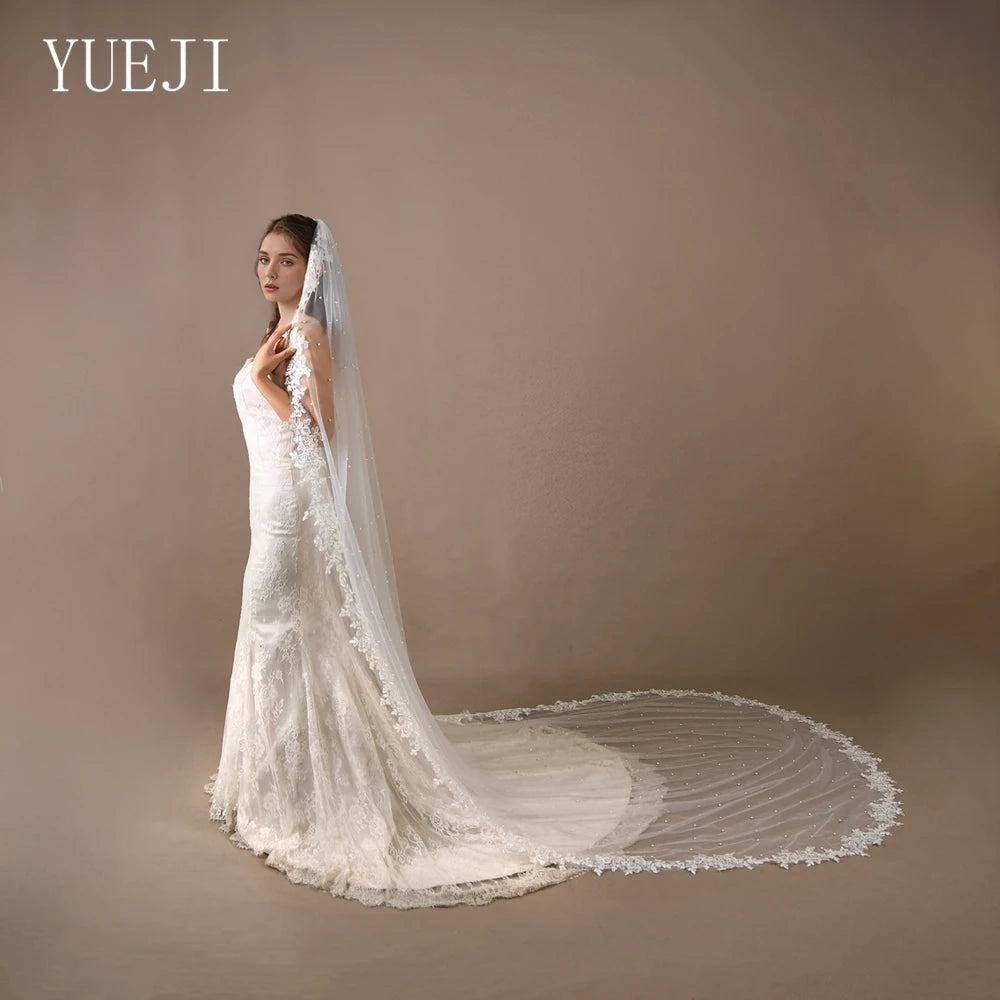 YUEJI Fashion Bridal Wedding Lace Veil Single Layer Cathedral Train Elegant Single Layer Combed Pearl Tulle V82