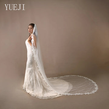 YUEJI Fashion Bridal Wedding Lace Veil Single Layer Cathedral Train Elegant Single Layer Combed Pearl Tulle V82