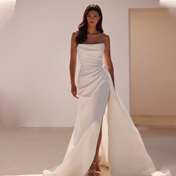 Elegant Strapless Satin Wedding Dress with Side Slit – Minimalist Bridal Gown | Maison Bridal