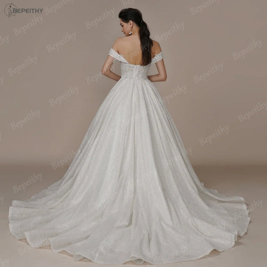 BEPEITHY Customized Luxury Strapless A Line Glitter Wedding Dresses Off The Shoulder Women Ivory Bling-Bling Bride Bridal Gown