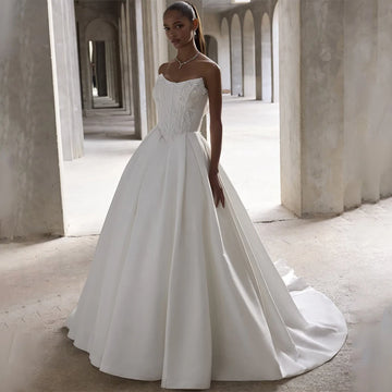 Popular Sweethart Lace Applique Satin bridal Grown A Line Wedding Dresses Sweep Train CUstom Made 2026 Vestido De Noival