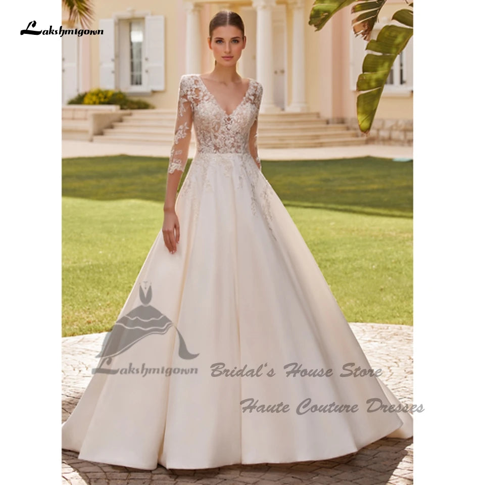 Lakshmigown Modest Women Satin Wedding Gowns Lace Half Sleeves 2025 Vestidos Princess Church Bridal Dresses Customized