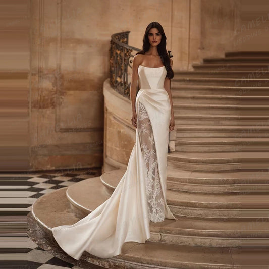 Luxury Women Wedding Dresses Mermaid Appliques High Side Split Bridal Gowns Sleeveless Boat Neck Princess Vestidos Customized