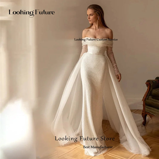 Luxury Mermaid White Wedding Dress Beaded Off The Shoulder Sexy Backless Long Sleeve Strapless Detachable Train Customized 2025