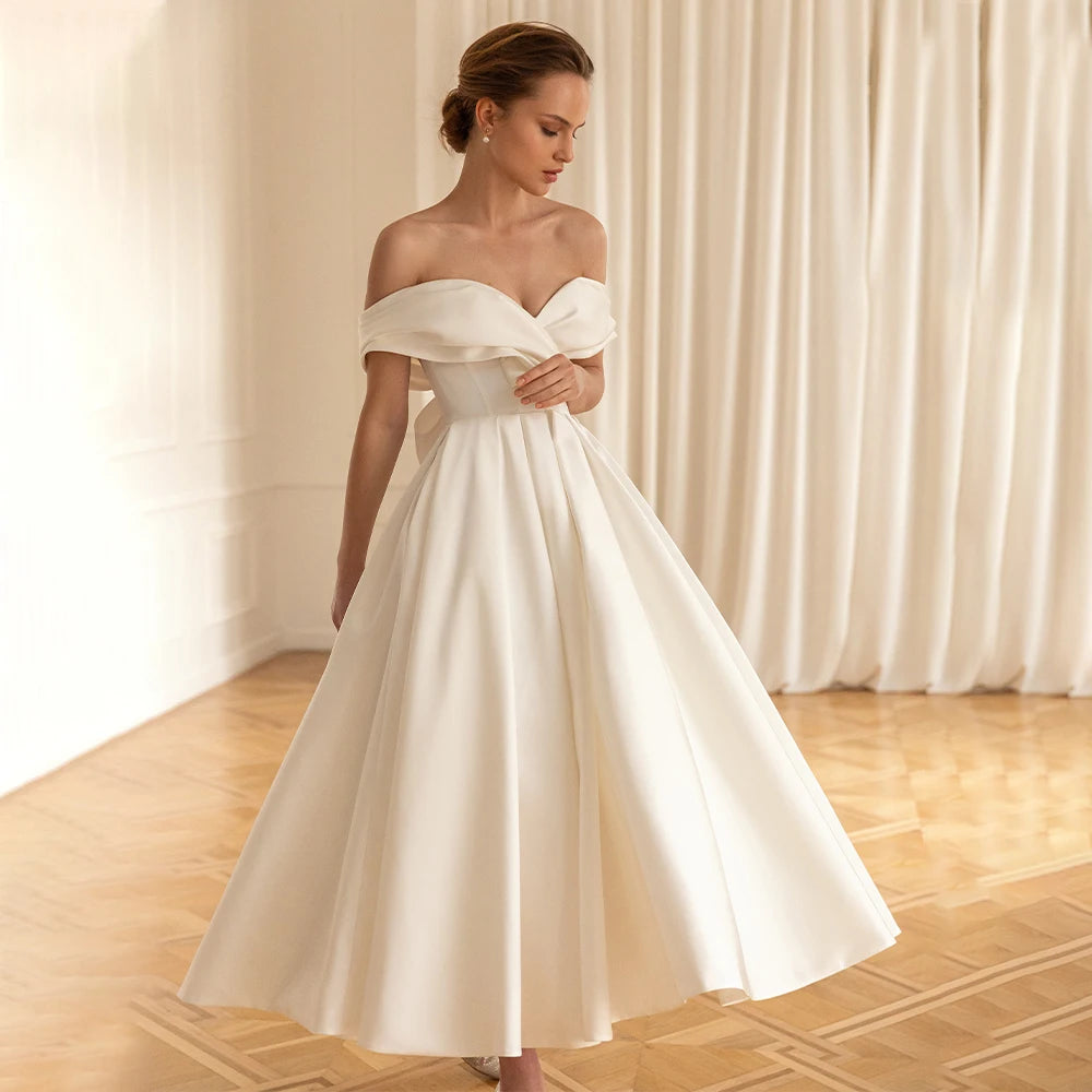 Midi Wedding Dresses Ivory Satin Off the Shoulder Princess  Gowns for Bride A Line Ankle Length Bow Short Bridal
